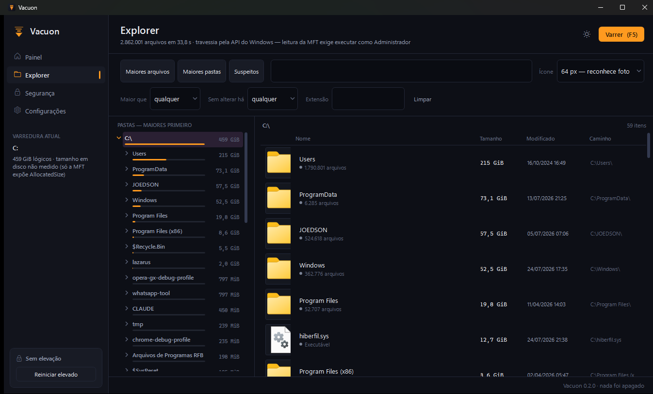 Vacuon showing the folder tree beside the file list, with sizes and thumbnails